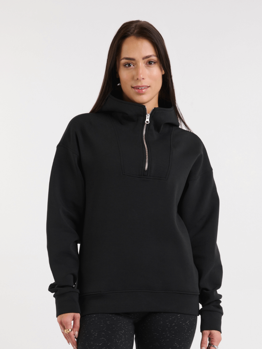 Demi-Zip Hoodie Sponge Jersey - Off Black