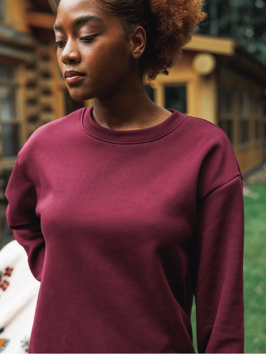 Chandail col rond ample imprimé Fleece Feel Good - Bordeaux chaud