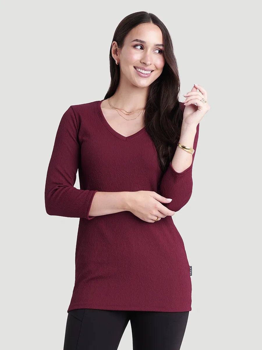 Chandail texturé col V à manches longues - Cabernet