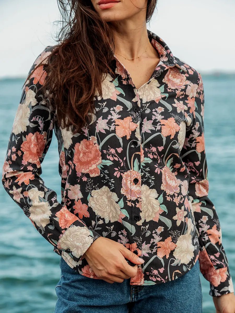 Chemise Ajustée Twill Extensible - Pivoines Noires