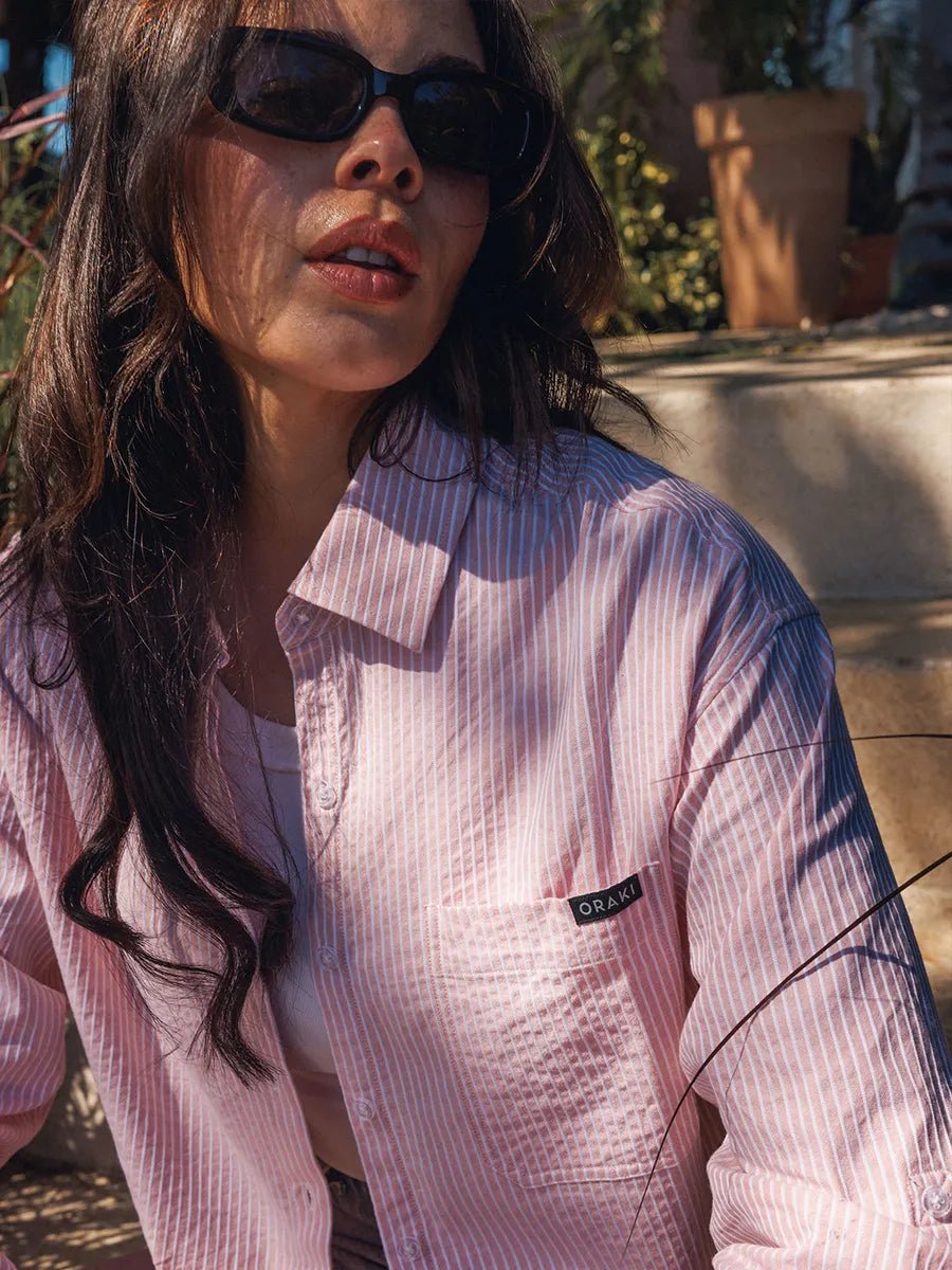 Chemise longue Flowy ample à manches roulées - Ligné abricot