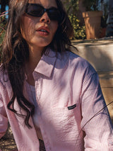 Flowy Oversized Long Shirt with Rolled-up Sleeves - Apricot Stripes
