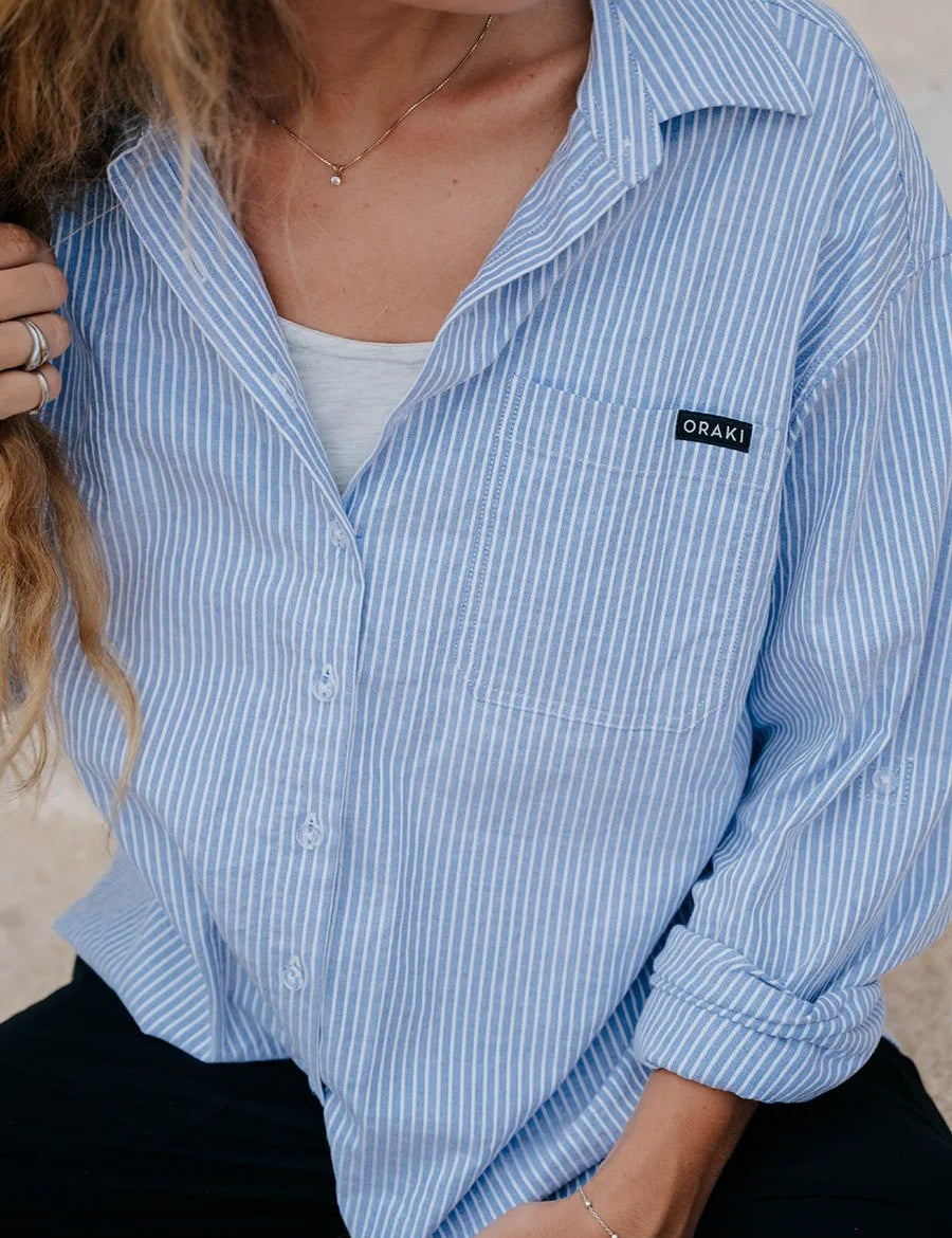 Chemise longue Flowy ample à manches roulées - Ligné horizon