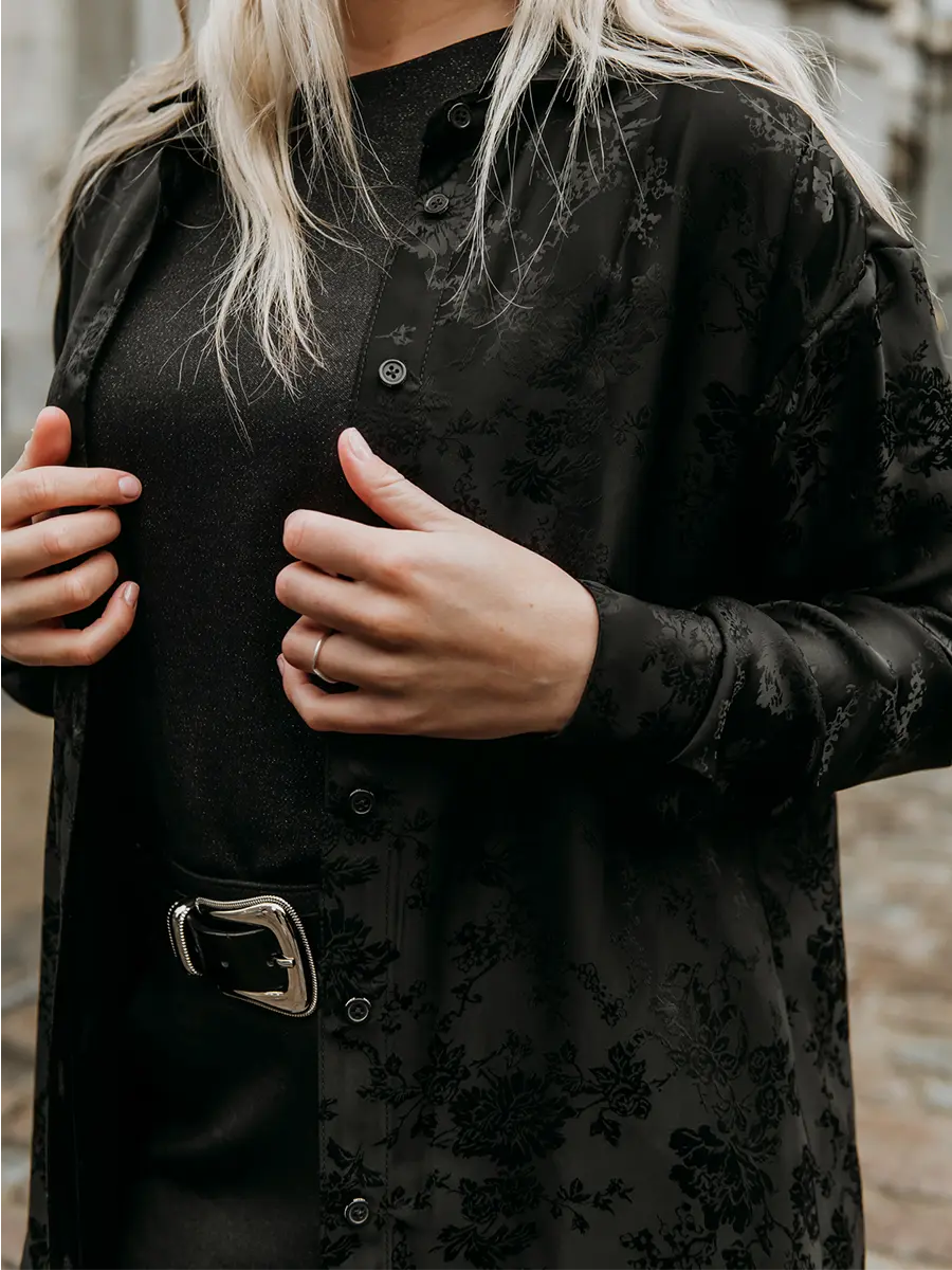 Long Loose Satin Shirt - Black Floral