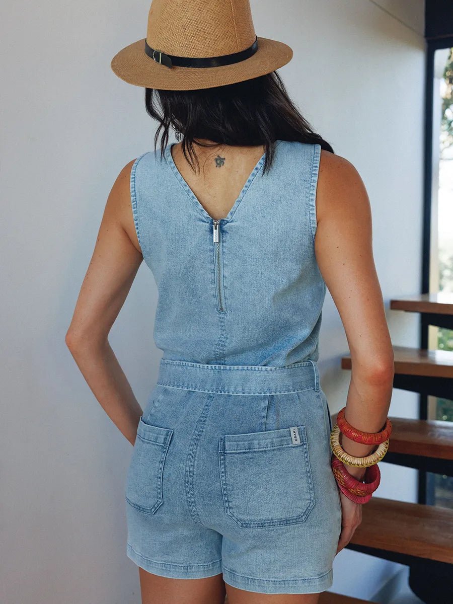 Combishort ceinturé avec poches appliquées French Terry - Bleu léger