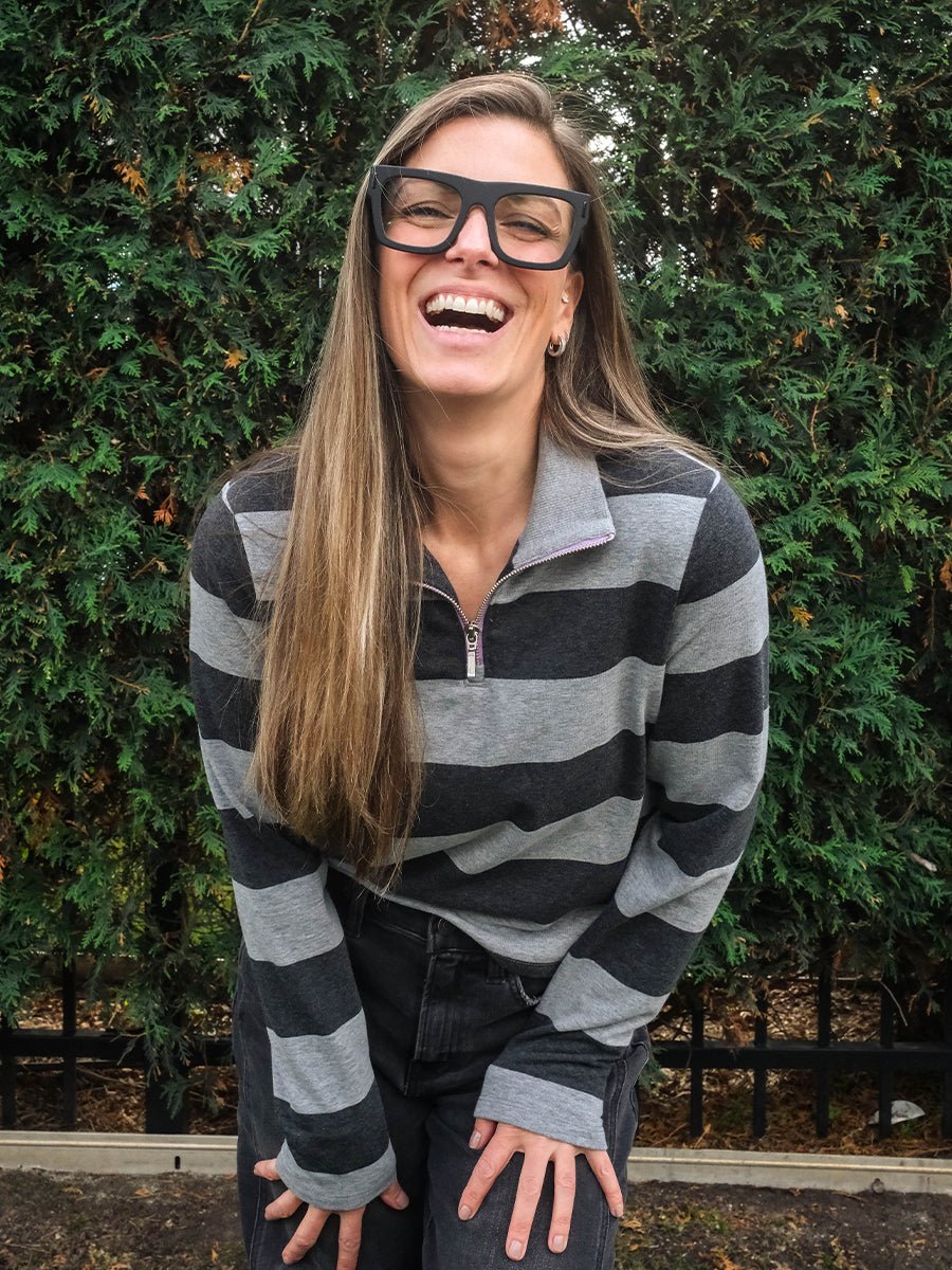 Pull demi - zip col montant à manches longues - Rayures grises chinées