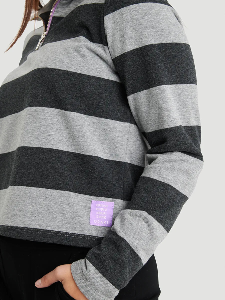 Pull demi - zip col montant à manches longues - Rayures grises chinées