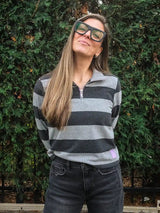 Half-Zip Long-Sleeved Pullover - Heather Grey Stripes