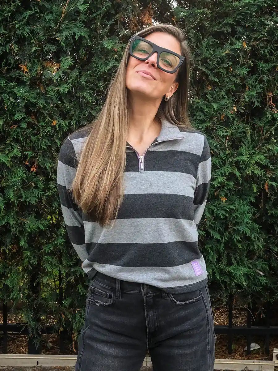 Pull demi - zip col montant à manches longues - Rayures grises chinées