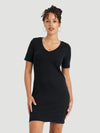 Ribbed Short Sleeve V-Neck Dress - Charcoal Grey