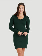 Ribbed Long-Sleeved V-Neck Dress - Laurel Green