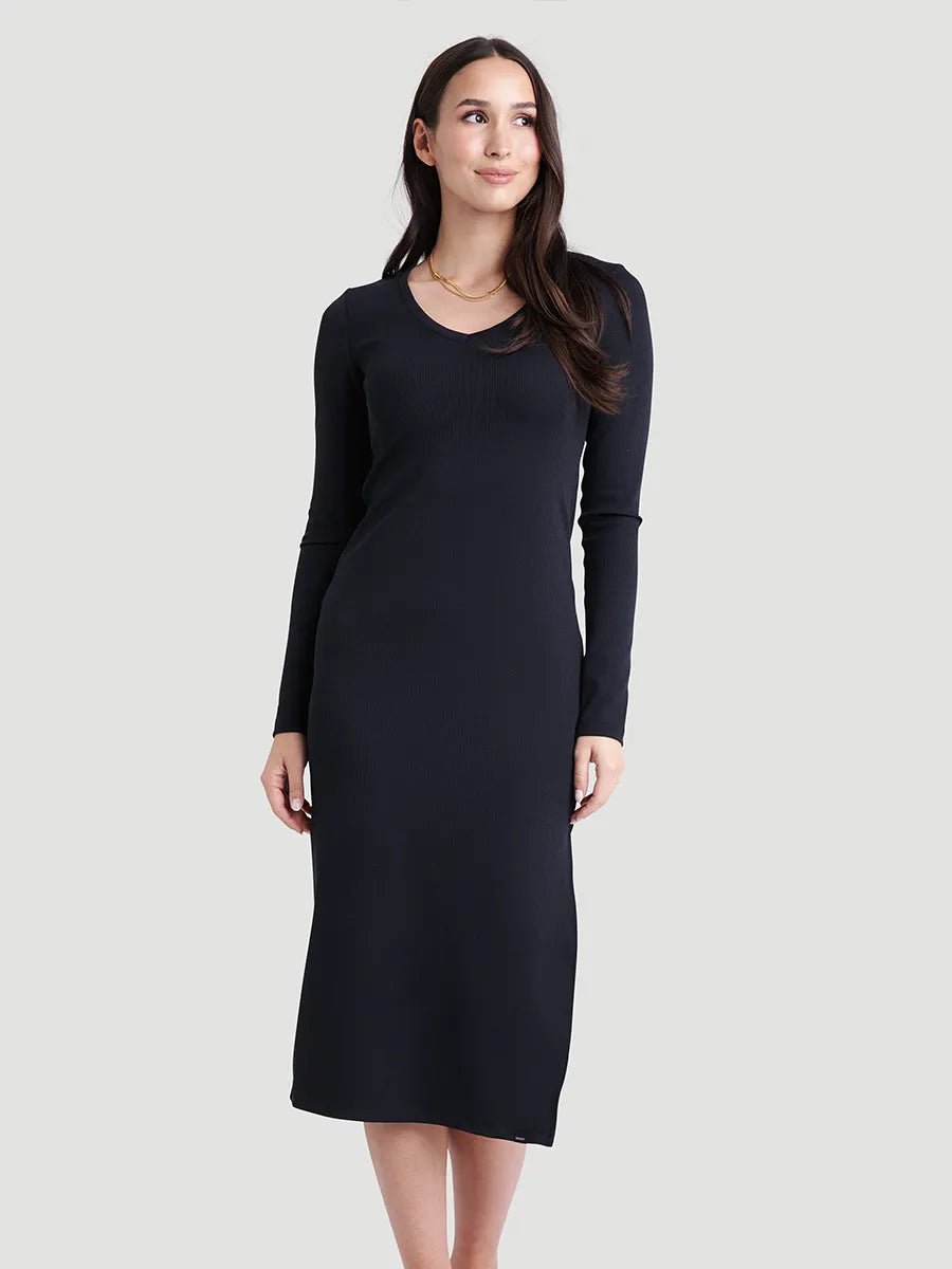 Robe longue col V à manches longues côtelée - Gris charbon