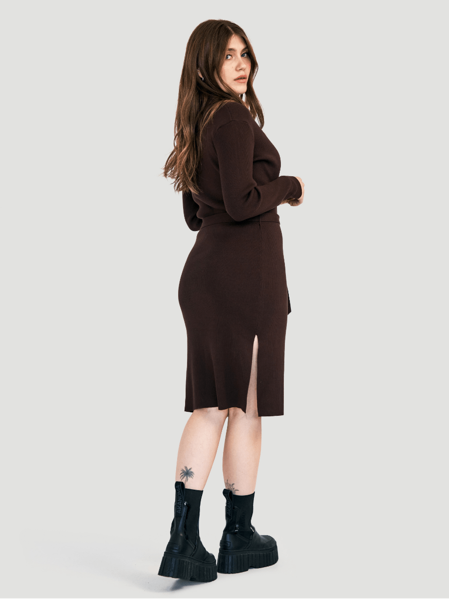 Robe longue en tricot à fente - Cacao