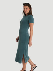 Robe longue manches courtes à col rond Lovely - Pacifique