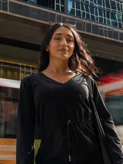 Robe manche longue avec col en V Jersey Stretch - Noir