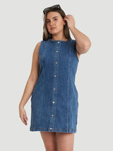 Denim Mini Sleeveless Round Neck Dress - Indigo Wash 