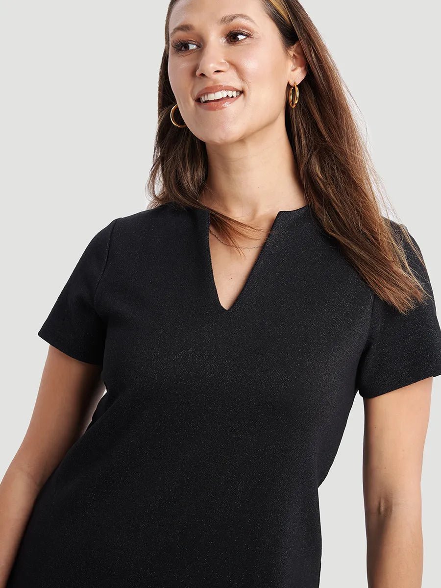 Robe T-Shirt Habillée Col Fendu Ponte Métallique - Noir