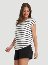 T-shirt col V à manches chauve-souris SoftTouch - Rayures blanches et noires