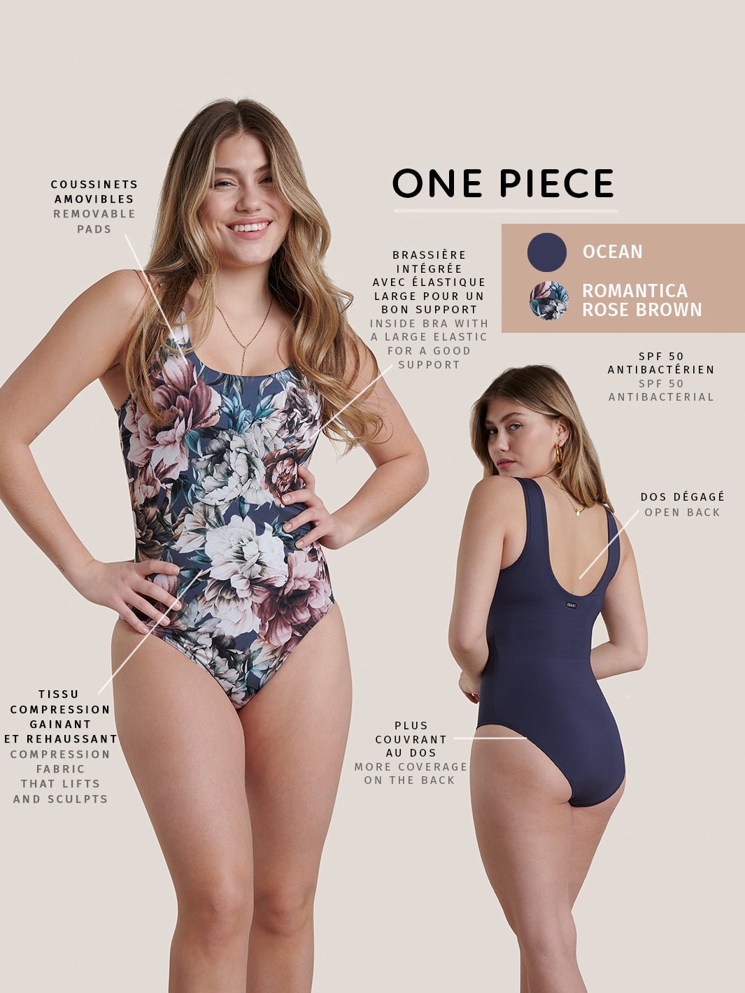 Round Neck One-Piece Swimsuit - Ocean